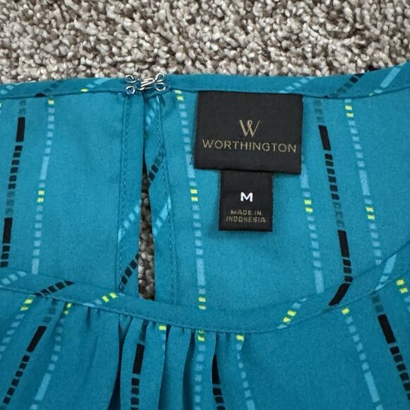 Worthington Teal Striped Dots Cold Shoulder Blouse Top Shirt Women’s Size Medium - Picture 3 of 7